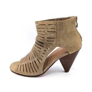 Torrid Peep Toe Caged Cuban Heel Booties Taupe Stacked Wood Sz 6.5 (37) WIDE